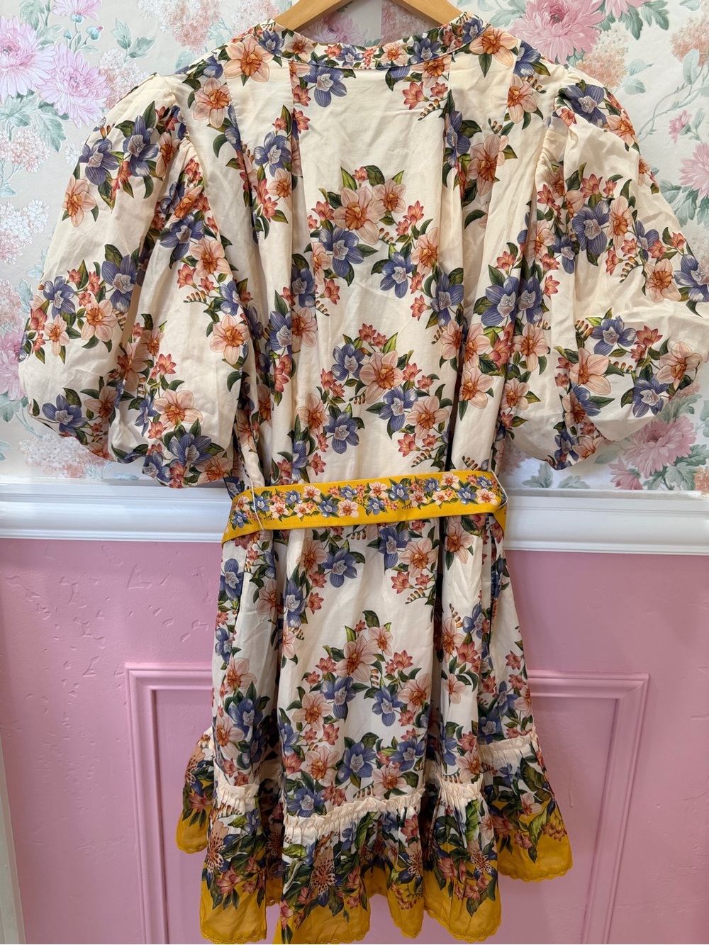 FARM Rio Cream Floral Puff-Sleeve Mini with Yellow Trim - Picture 7 of 7